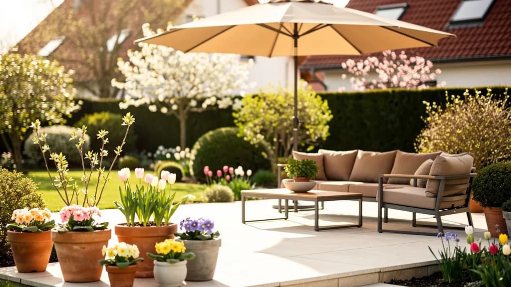 Sonnige Terrasse zum Start der Gartensaison mit einem Aluminium-Lounge-Set in warmen Naturtönen, einem aufgespannten Sonnenschirm und blühenden Kübelpflanzen