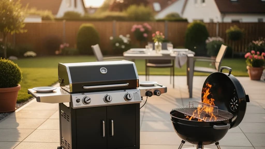 Sonnige Terrasse zum Start der Grillsaison mit einem schwarzen Gasgrill, glühender Holzkohle in einem zweiten Grill und einem gedeckten Esstisch im Hintergrund