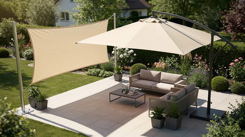 Beschattete Terrasse in der Mittagssonne mit einem freitragenden Ampelschirm über einer Lounge-Ecke, daneben ein gespanntes Sonnensegel in hellem Naturton