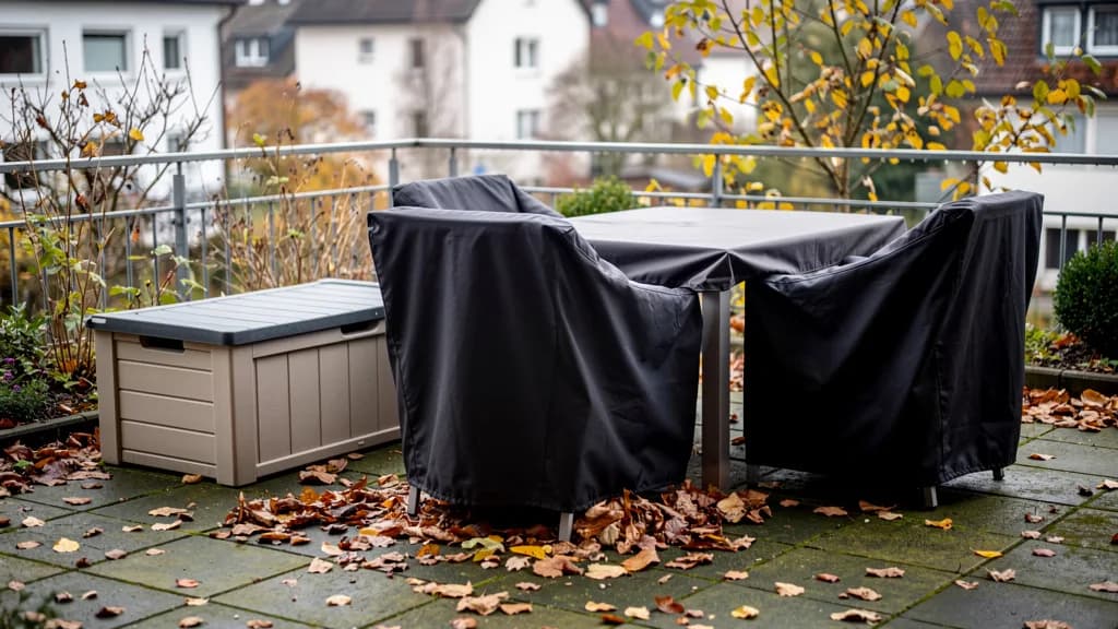 Mit einer dunklen Schutzhülle abgedeckte Sitzgruppe auf einer herbstlichen Terrasse, daneben eine geschlossene Auflagenbox aus Kunststoff