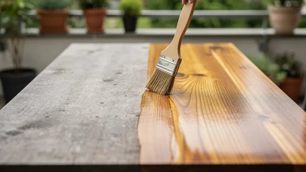 Hand mit Pinsel trägt Pflegeöl auf die Längsmaserung einer Akazienholz-Tischplatte auf, links der noch graue, rechts der frisch geölte Teil