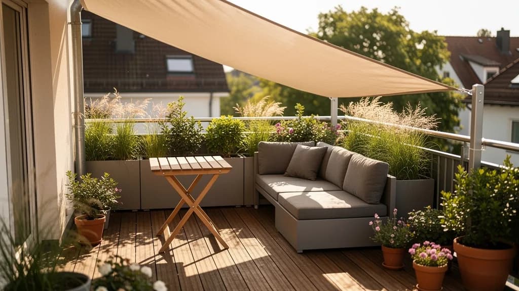 Kleine Terrasse von rund acht Quadratmetern mit kompaktem Lounge-Set, Klapptisch und einem Sonnensegel über der Sitzecke