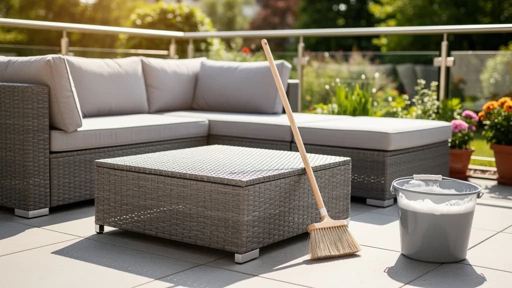 Graues Polyrattan-Lounge-Set auf einer Terrasse, eine Hand fährt mit einer weichen Bürste durch das Geflecht, daneben ein Eimer mit Seifenwasser