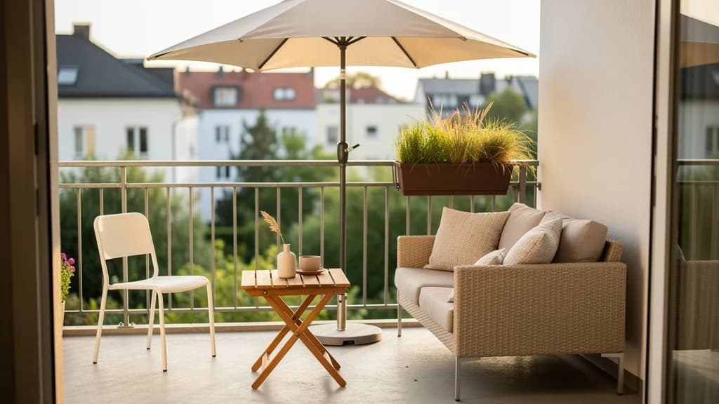 Skandinavisch eingerichtete Balkon-Lounge mit beigem Polyrattan-Sofa, geöltem Akazien-Klapptisch und weißem Aluminium-Sessel unter einem hellen Sonnenschirm