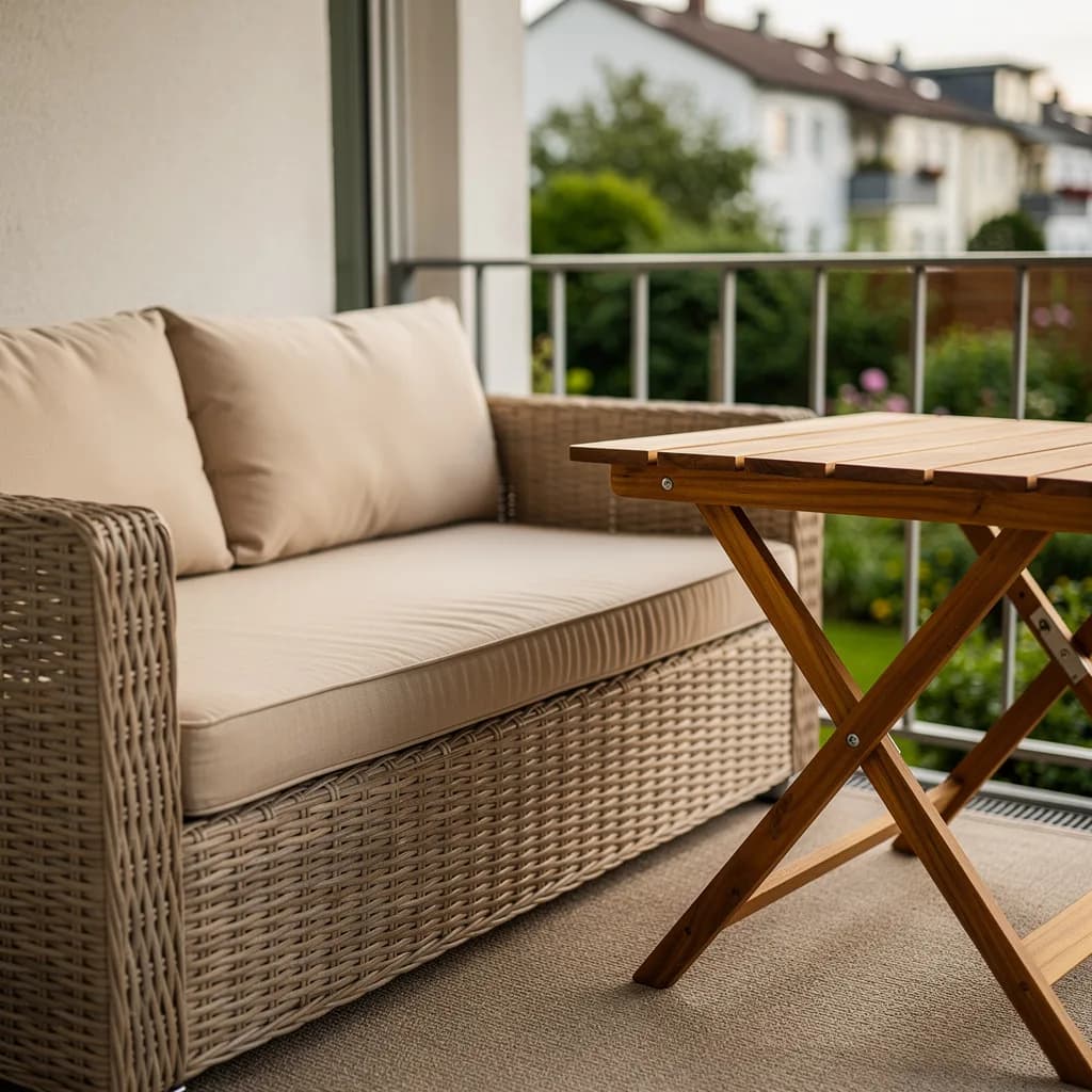 Nahaufnahme des beigen Polyrattan-Sofas mit Sitzkissen neben dem geölten Akazien-Klapptisch auf einem schmalen Balkon