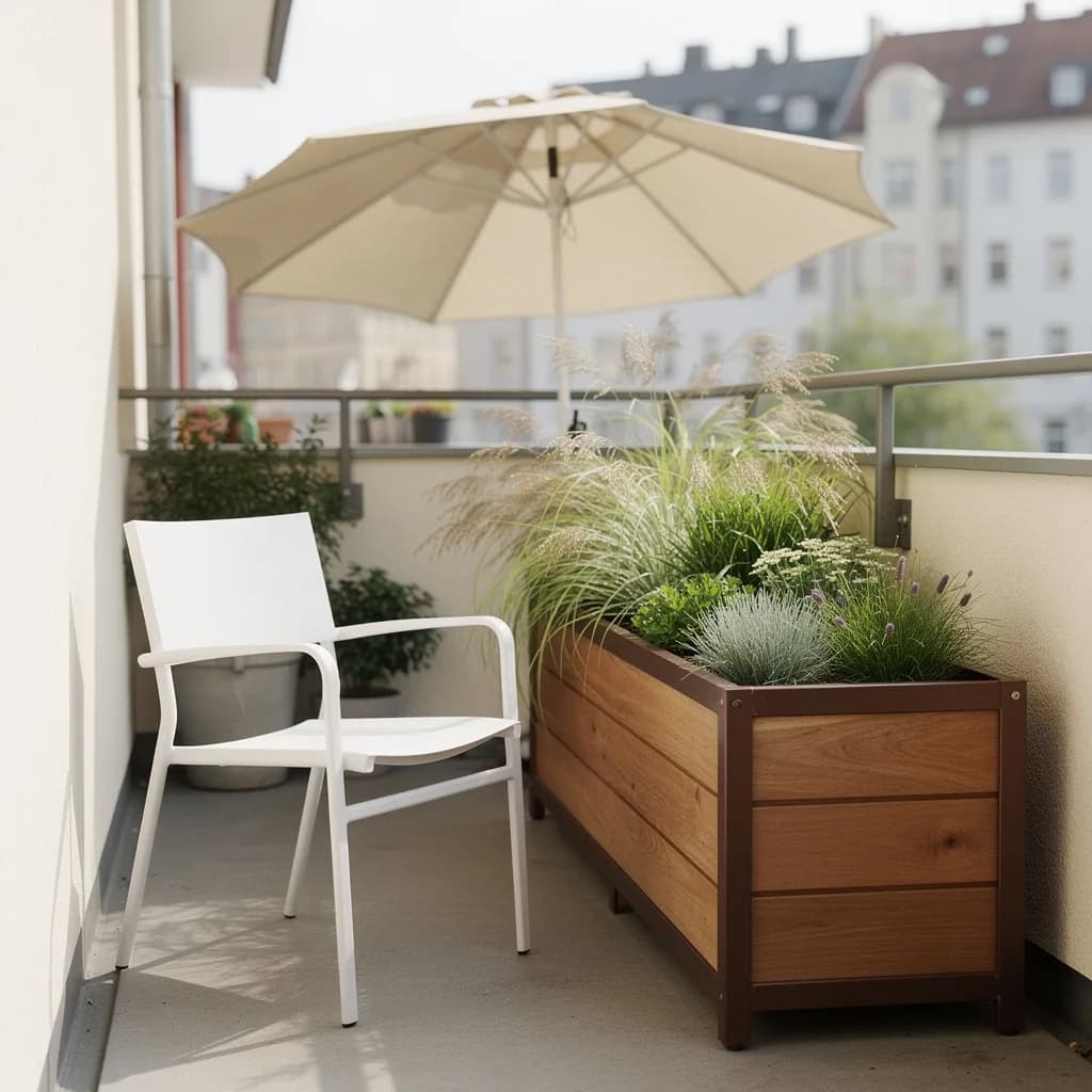 Weißer Aluminium-Sessel und brauner Pflanzkasten mit Gräsern an der Balkonbrüstung unter dem knickbaren Sonnenschirm