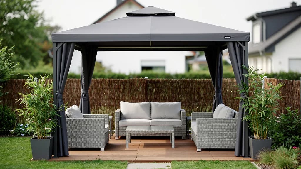 Sichtgeschützte Terrasse mit anthrazitfarbenem Pavillon, braunem Sichtschutz am Geländer und zwei grauen Polyrattan-Lounge-Gruppen unter dem Dach