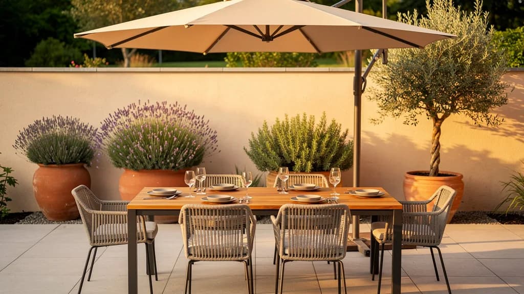 Mediterrane Terrasse mit langem Akazienholztisch, sechs Stühlen mit sandfarbenem Geflecht, beigem Sonnenschirm und Terrakotta-Pflanzgefäßen in der Nachmittagssonne