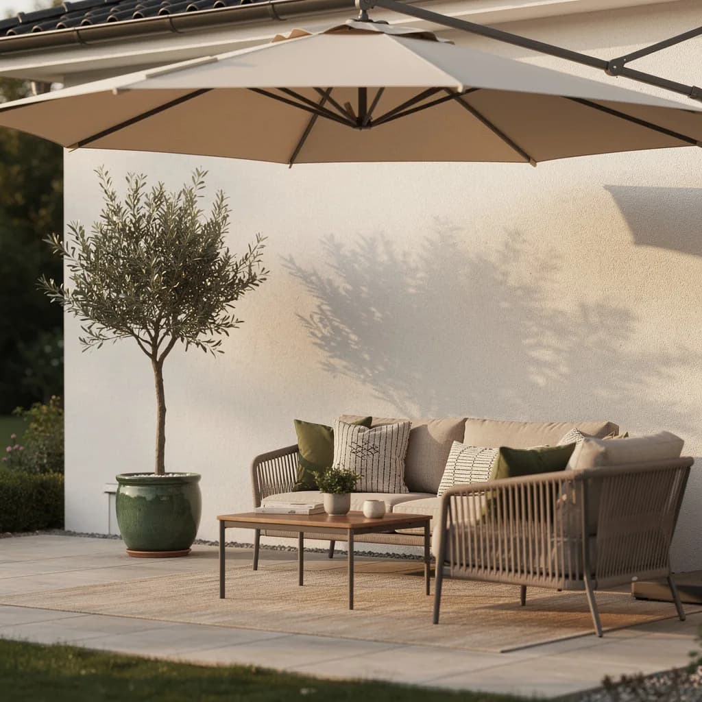 Beiger LED-Sonnenschirm über der Sitzgruppe, daneben ein grüner Steinzeug-Kübel mit Olive an der Hauswand