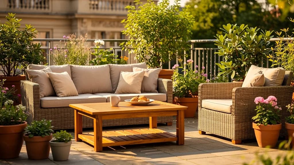 Terrasse mit Gartenmöbeln aus geöltem FSC-Akazienholz und einem Geflechtsofa in Rattan-Optik, dazu Polster in warmen Naturtönen im Sonnenlicht