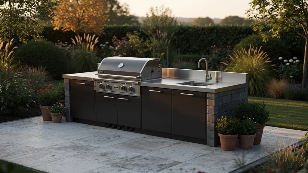 Fest geplante Outdoor-Küche im Garten mit modularem Stahlschrank, Gasgrill, Edelstahl-Arbeitsfläche und Spüle im Abendlicht