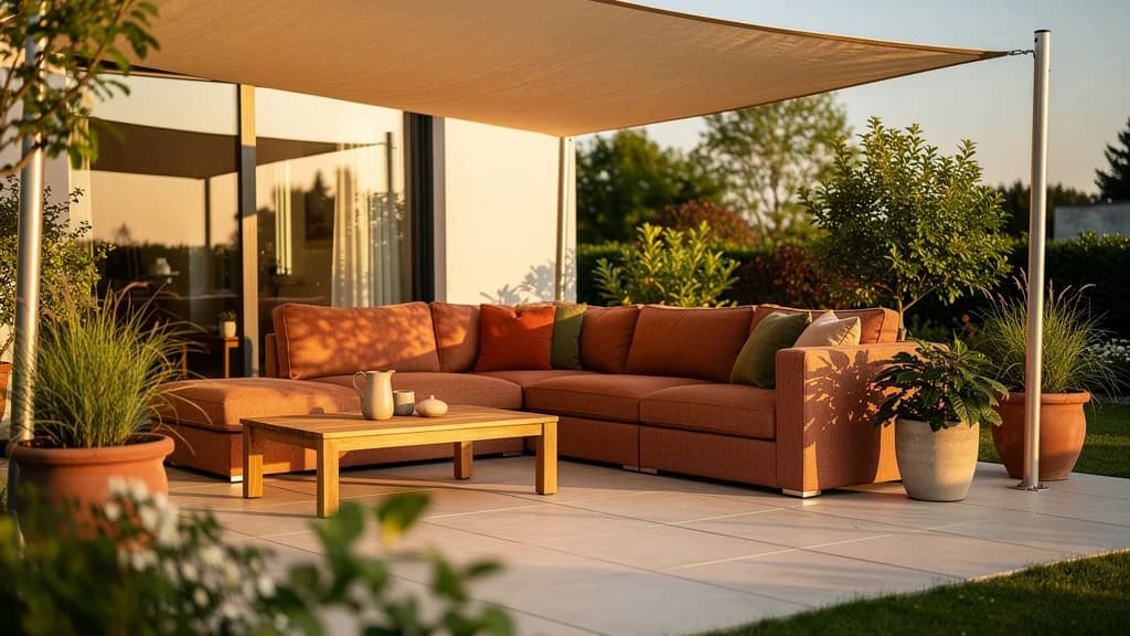 Moderne Terrasse mit modularer Outdoor-Lounge in warmen Erdtönen, Akazienholz-Beistelltisch und einem Sonnensegel im Abendlicht