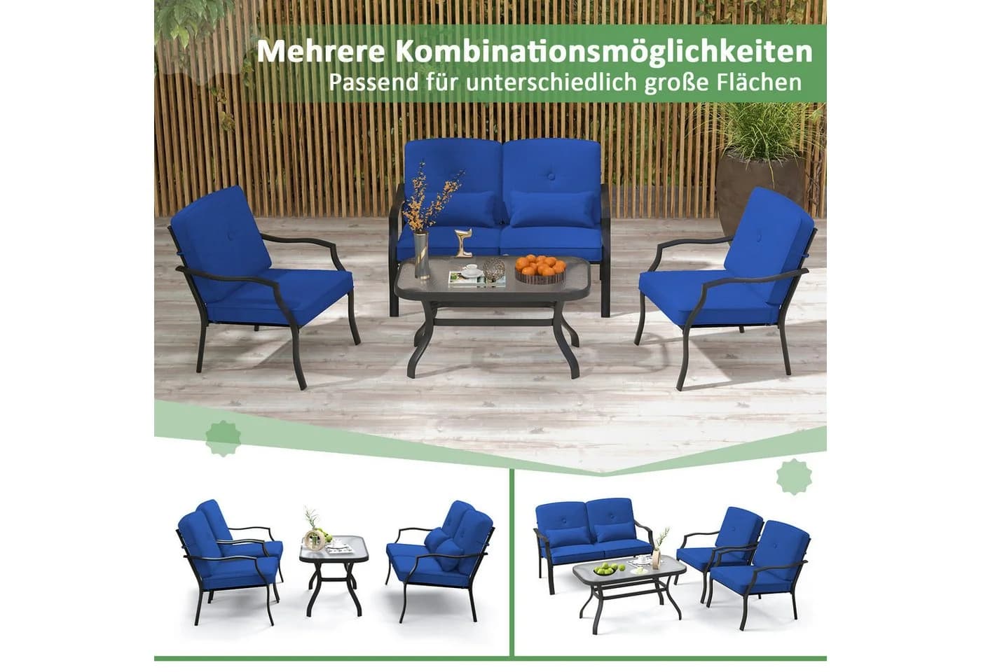 COSTWAY Gartenlounge-Set 4-tlg. Blau Metall mit Kissen - Bild 4