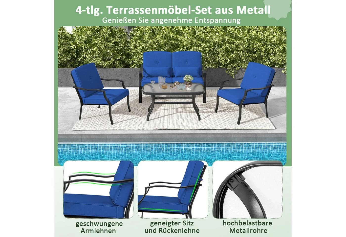COSTWAY Gartenlounge-Set 4-tlg. Blau Metall mit Kissen - Bild 5