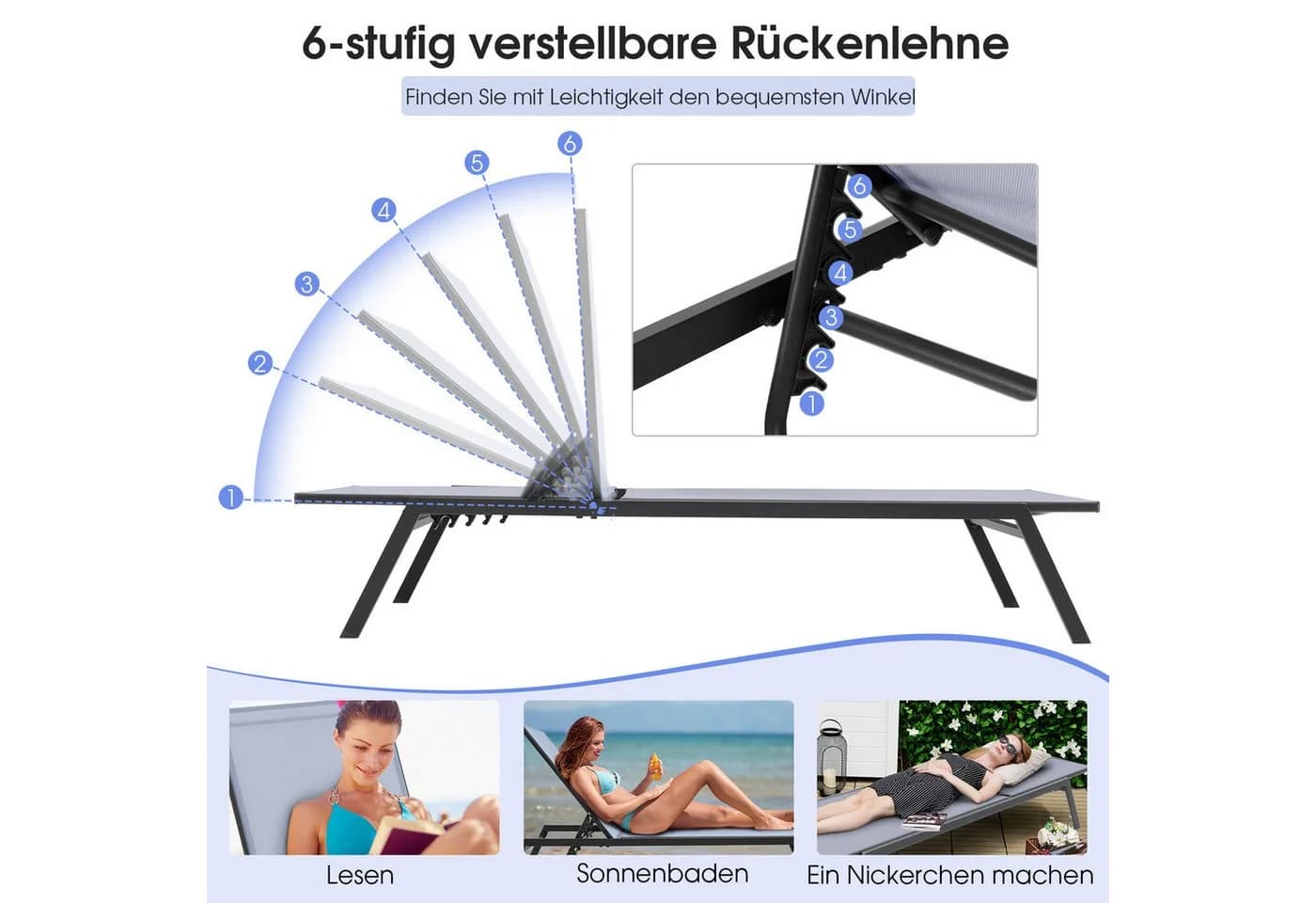 COSTWAY Gartenliege Sonnenliege mit 6-stufig verstellbarer Rückenlehne Grau