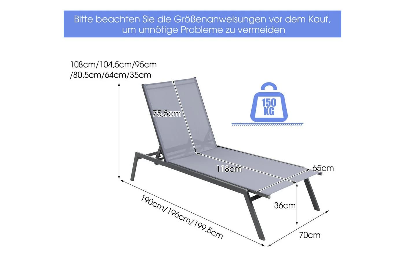 COSTWAY Gartenliege Sonnenliege mit 6-stufig verstellbarer Rückenlehne Grau - Bild 5