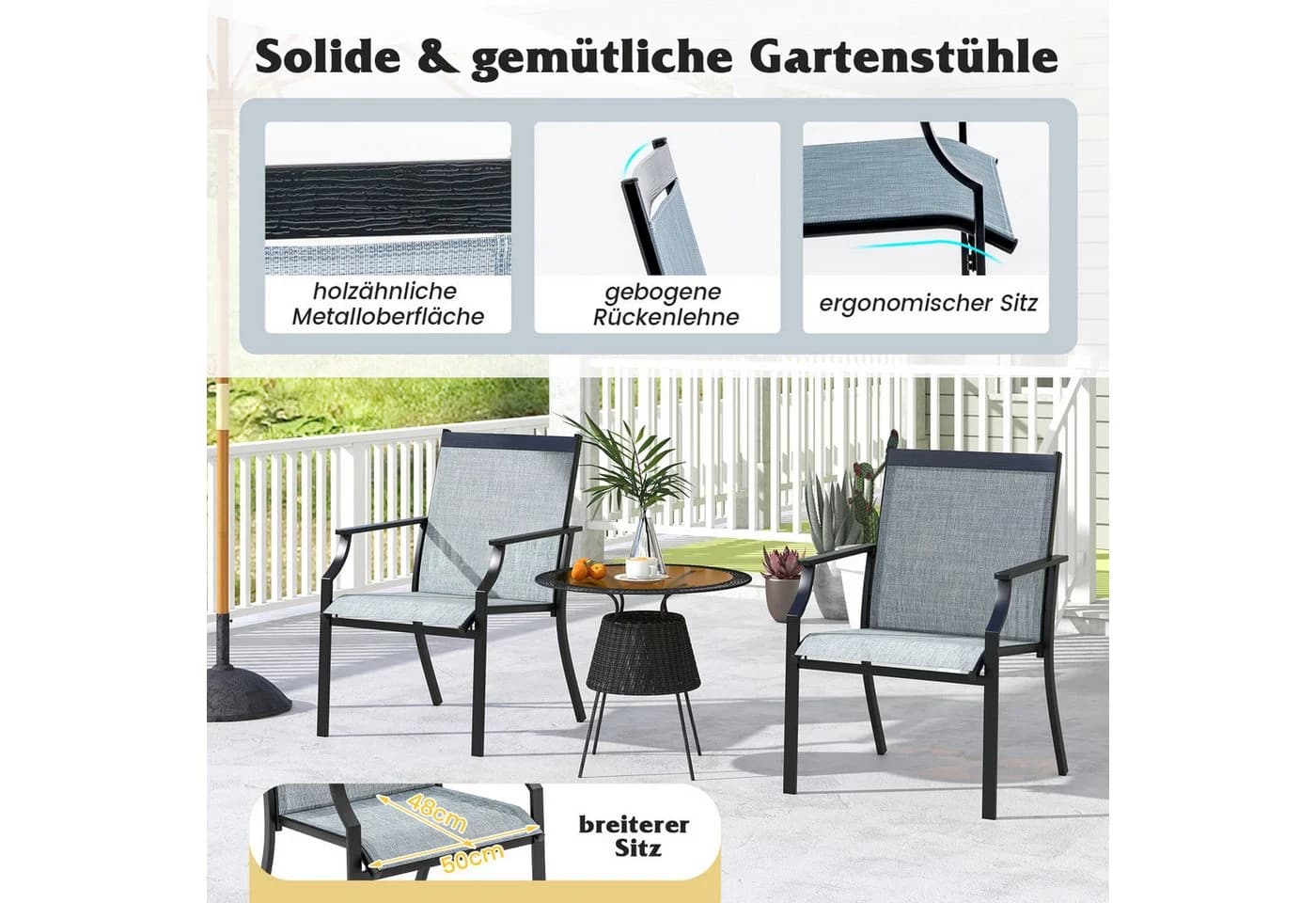 COSTWAY Gartenstuhl 2er Set 50 cm breitere Sitzfläche mit Armlehne - Bild 3