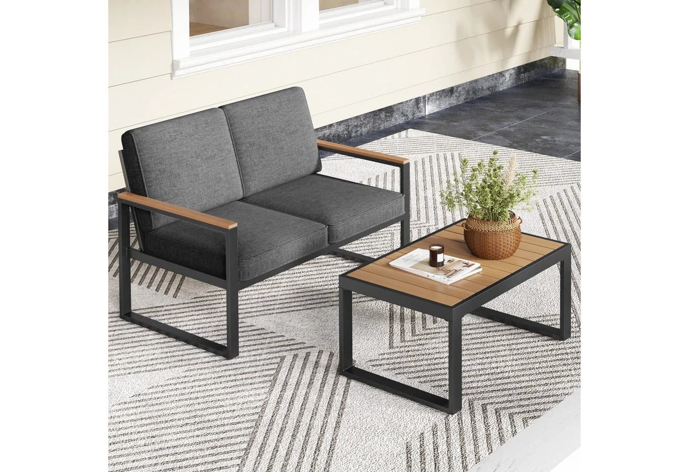COSTWAY Balkonset 2-tlg. mit Kissen Aluminium Grau