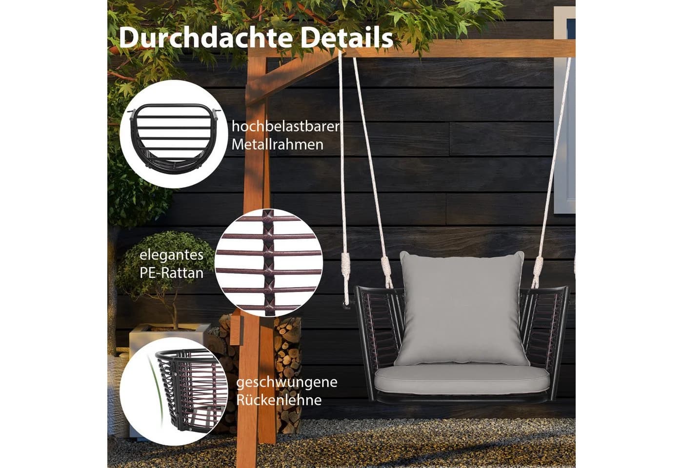 COSTWAY Hängesessel Rattan grau mit Kissen - Bild 3