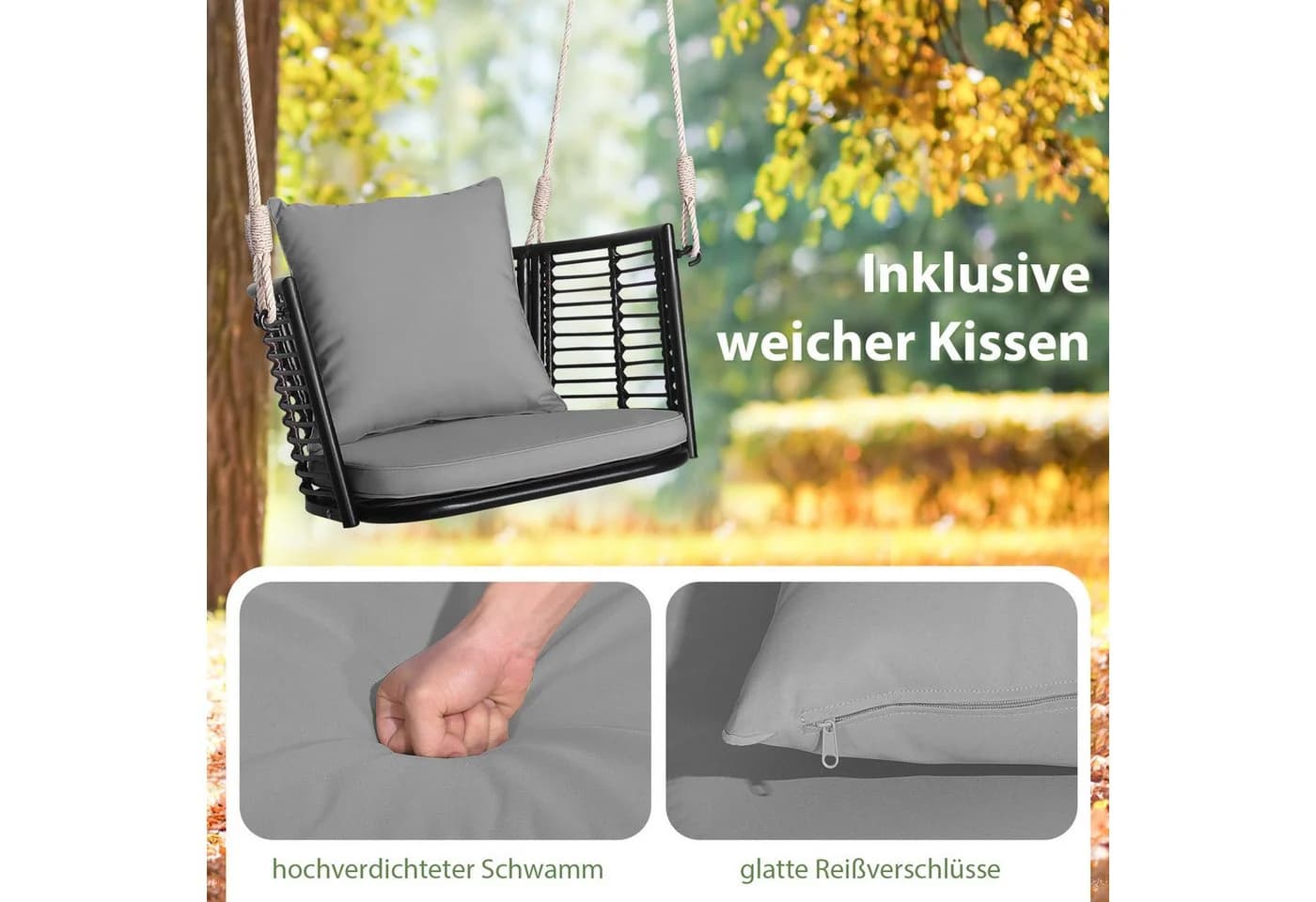 COSTWAY Hängesessel Rattan grau mit Kissen - Bild 4