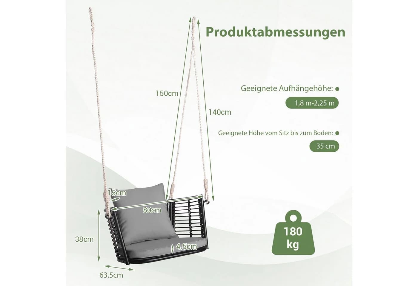 COSTWAY Hängesessel Rattan grau mit Kissen - Bild 5