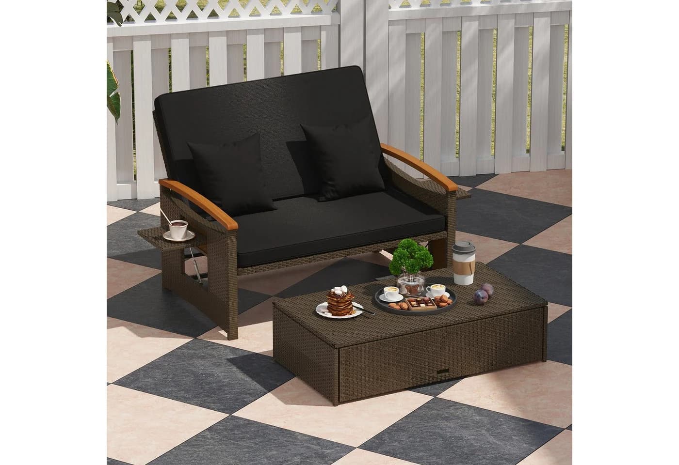 COSTWAY Loungebett 2-Personen PE-Rattan mit verstellbarer Rückenlehne