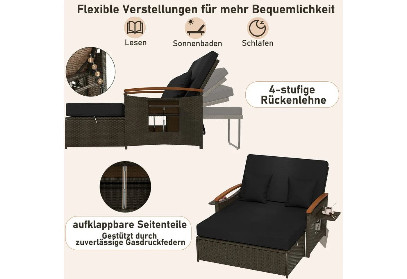 COSTWAY Loungebett 2-Personen PE-Rattan mit verstellbarer Rückenlehne - Bild 3