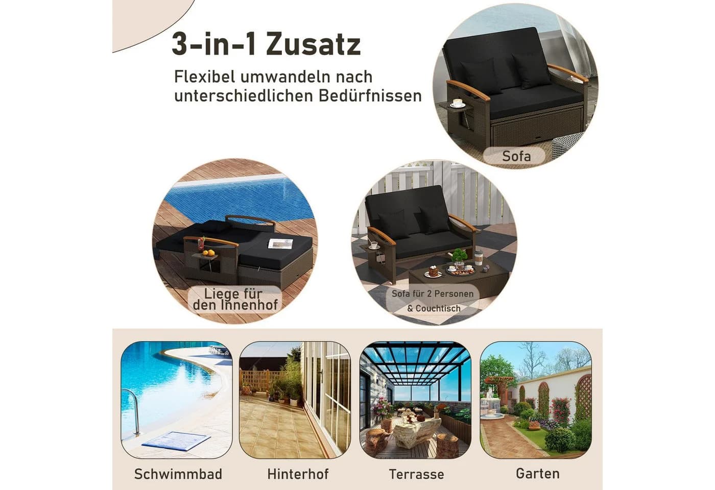 COSTWAY Loungebett 2-Personen PE-Rattan mit verstellbarer Rückenlehne - Bild 4
