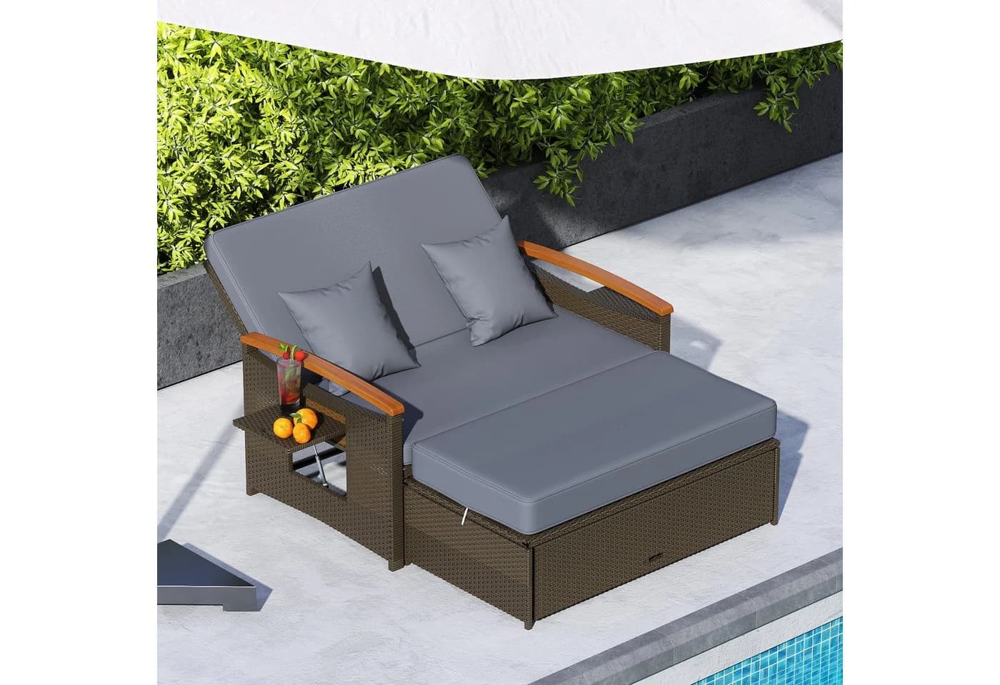 COSTWAY Loungebett 2-Personen PE-Rattan Braun mit verstellbarer Rückenlehne