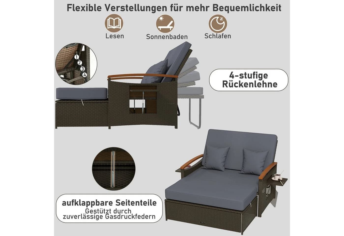 COSTWAY Loungebett 2-Personen PE-Rattan Braun mit verstellbarer Rückenlehne - Bild 3