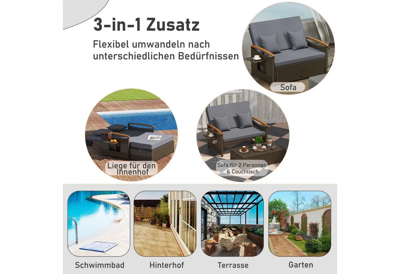 COSTWAY Loungebett 2-Personen PE-Rattan Braun mit verstellbarer Rückenlehne - Bild 4