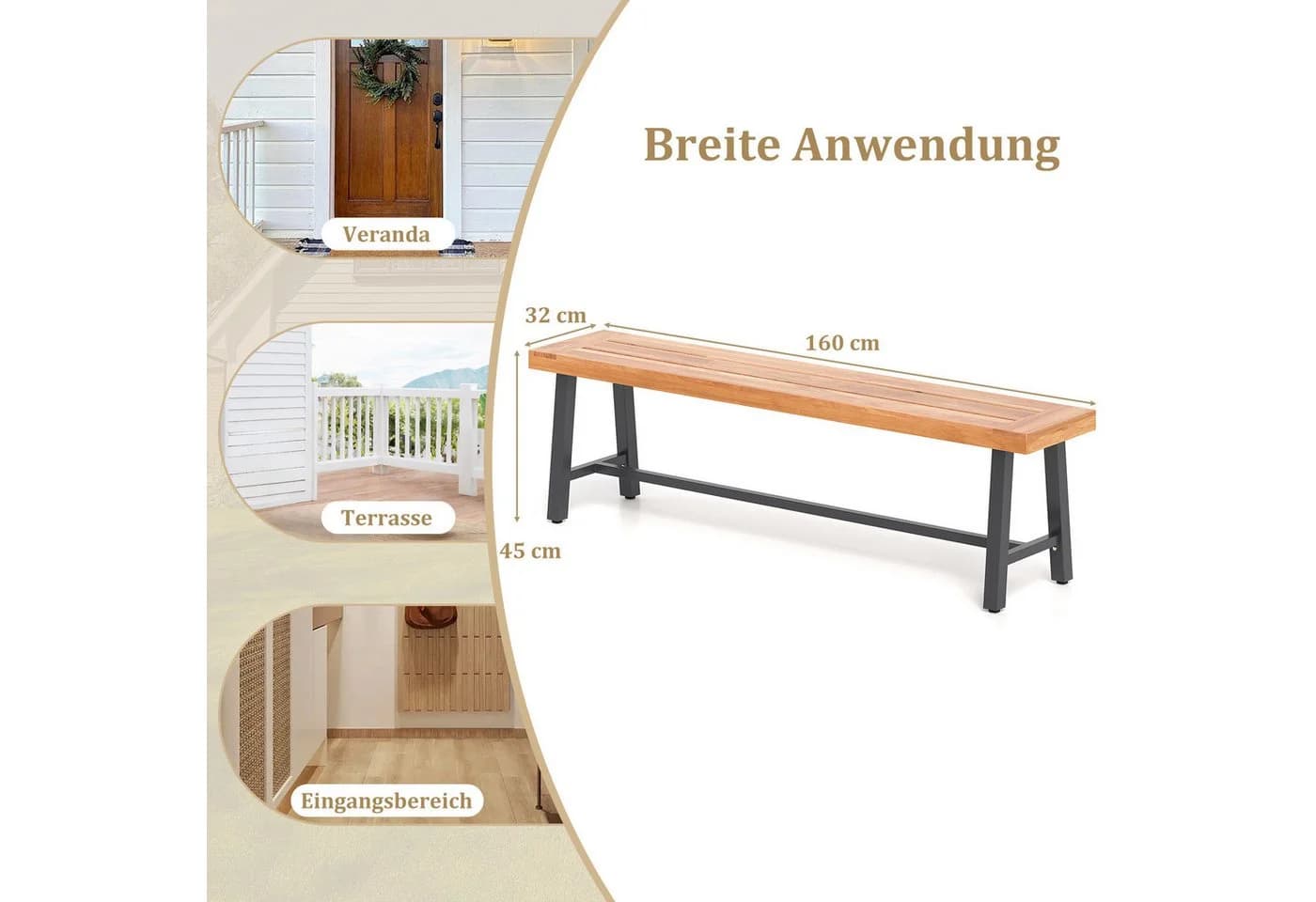 COSTWAY Gartenbank 3-Sitzer Akazie Metall wetterfest - Bild 5