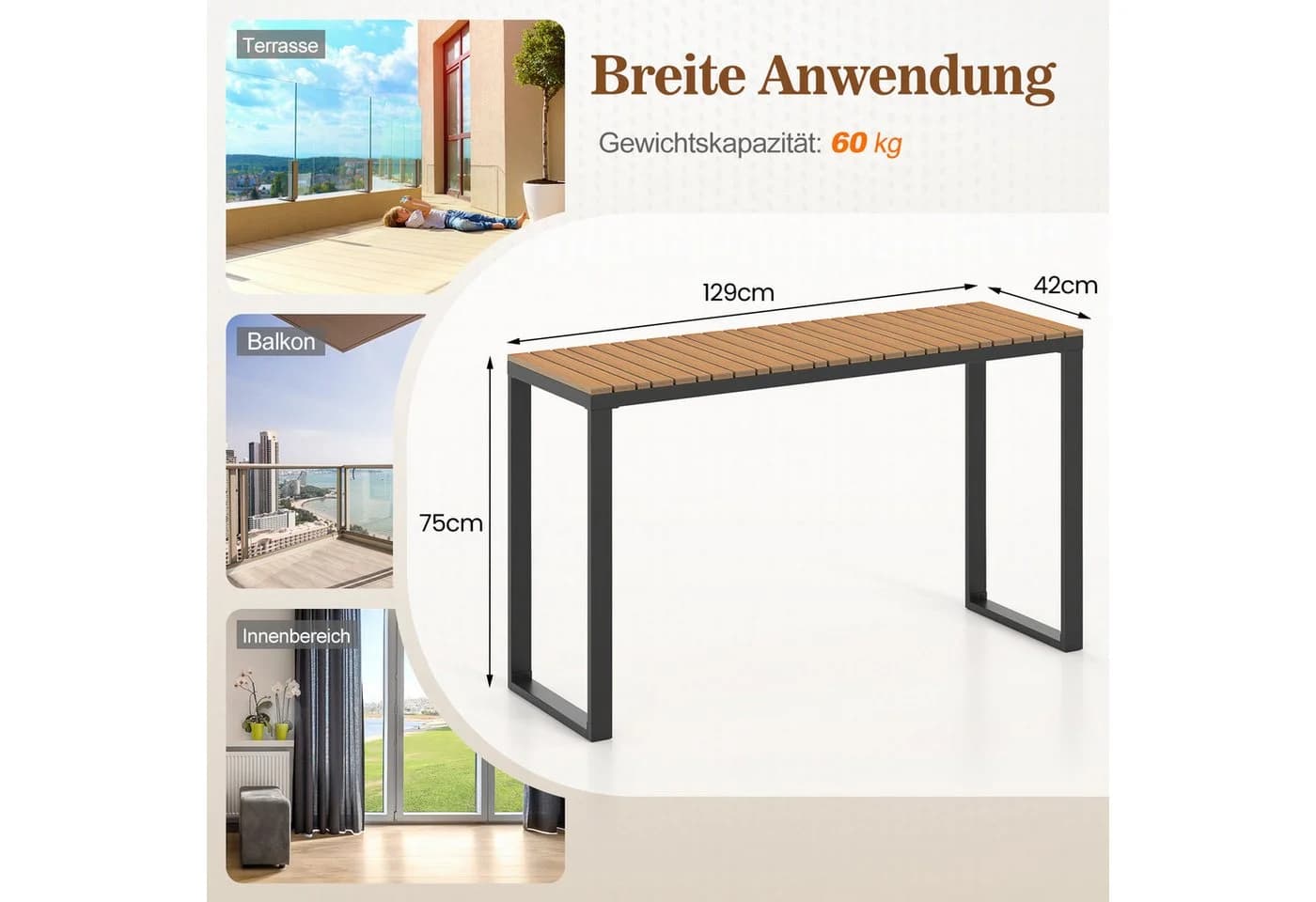 COSTWAY Gartentisch Konsolentisch Braun Schwarz WPC Metall - Bild 5
