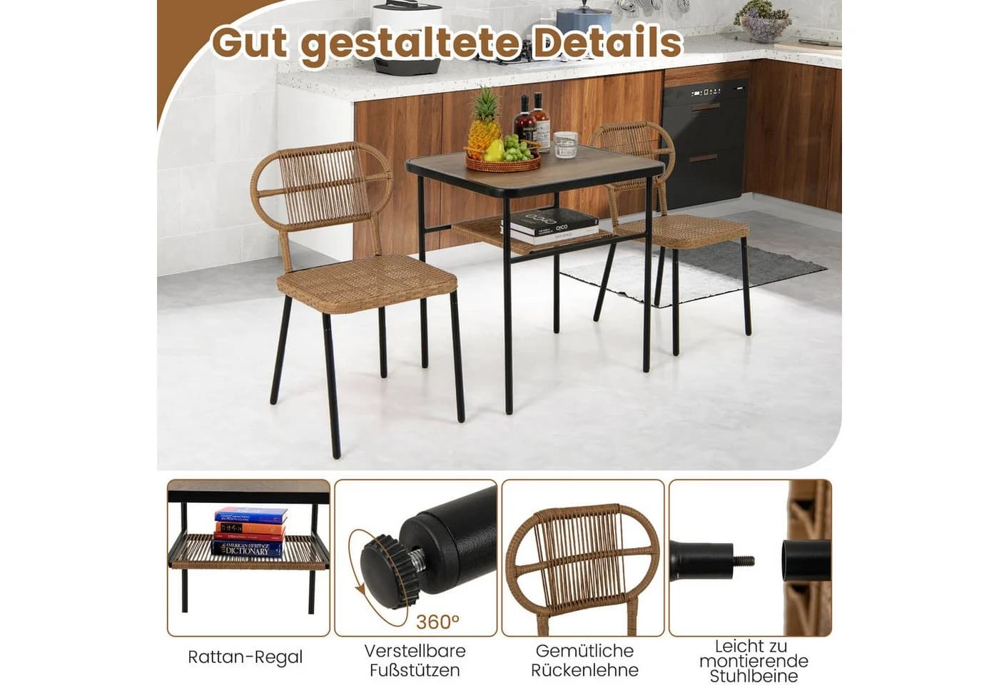COSTWAY Balkonset 3-tlg. Gartenmöbel Set Essgruppe Rattan stapelbar - Bild 5