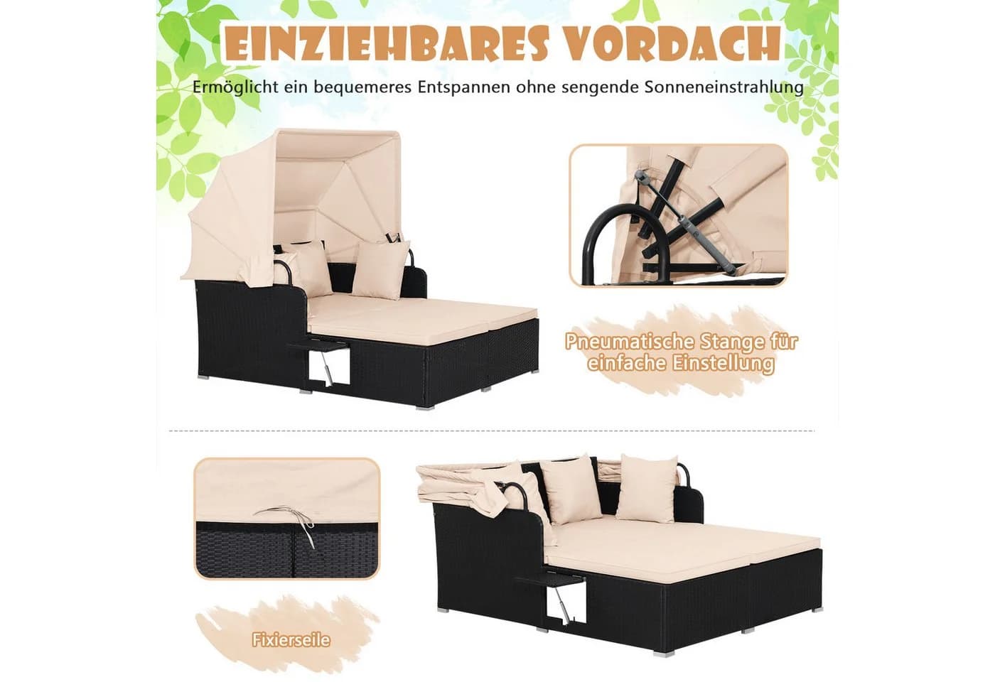 COSTWAY Loungebett Rattan 2-Personen mit Sonnendach