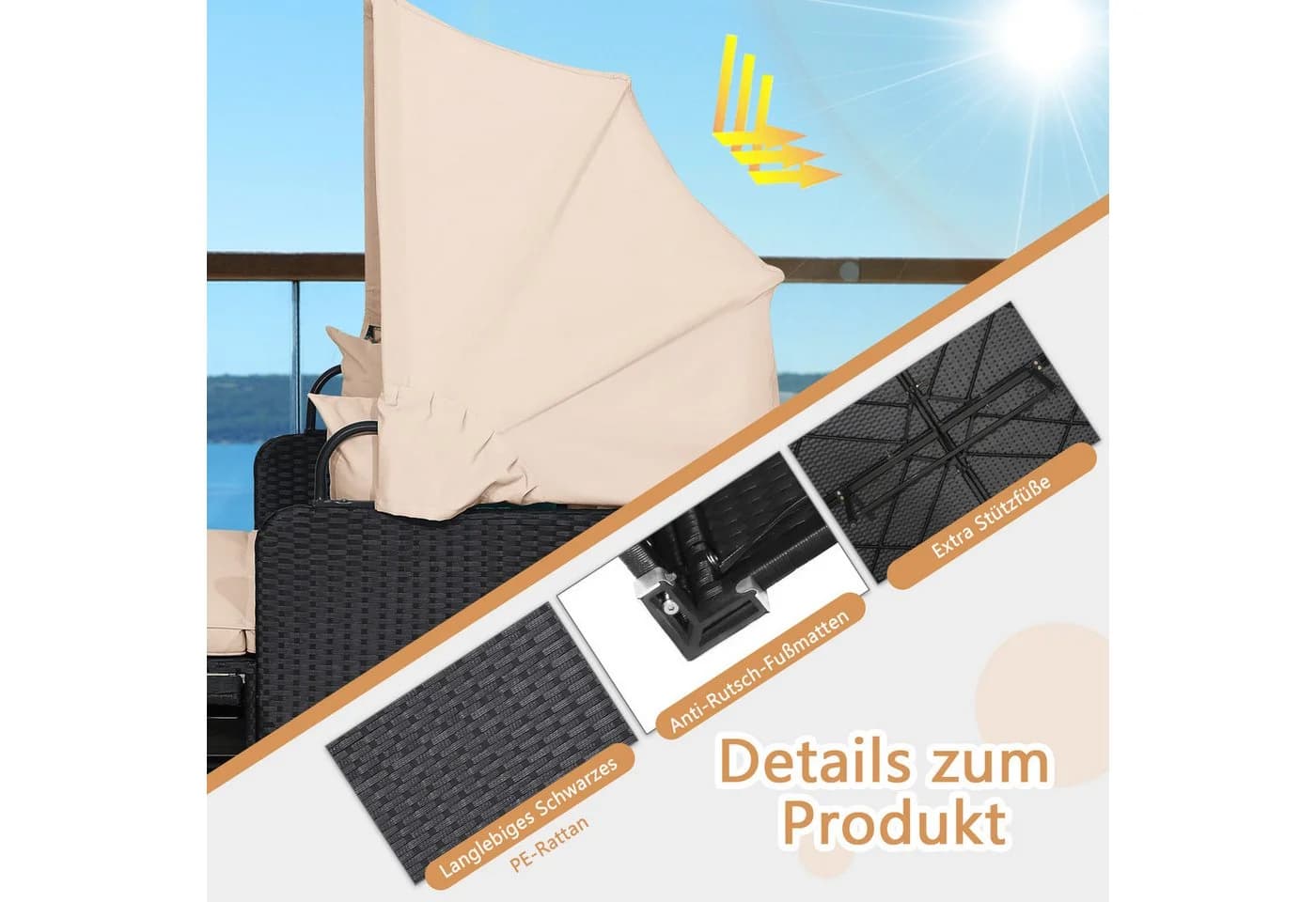COSTWAY Loungebett Rattan 2-Personen mit Sonnendach - Bild 3