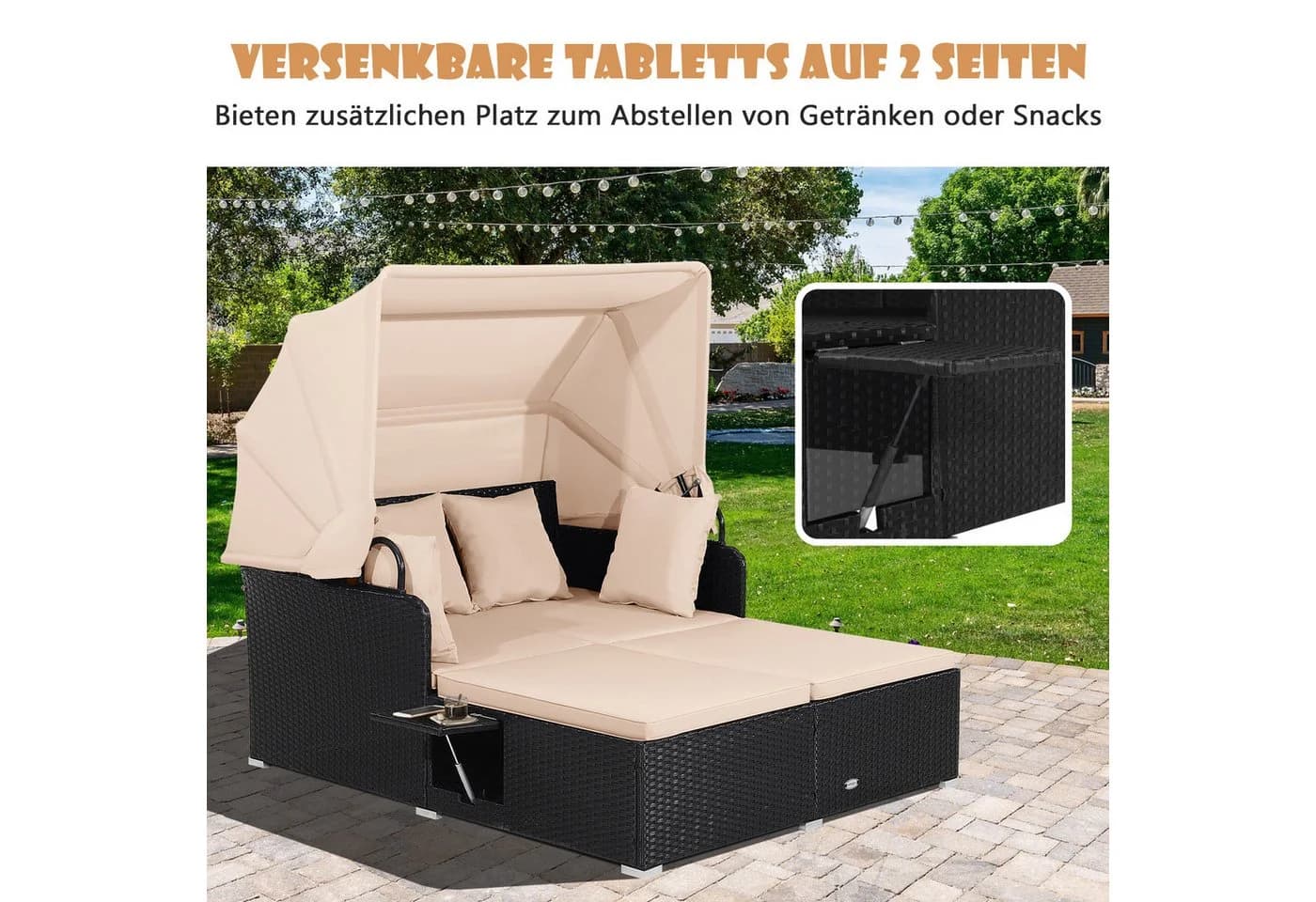 COSTWAY Loungebett Rattan 2-Personen mit Sonnendach - Bild 4