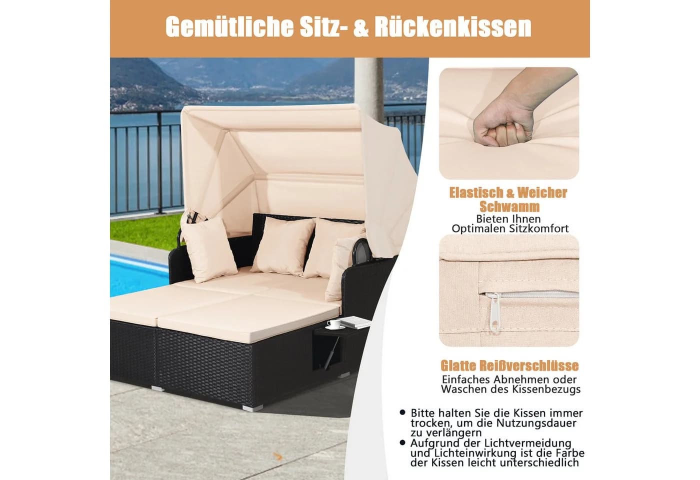 COSTWAY Loungebett Rattan 2-Personen mit Sonnendach - Bild 5