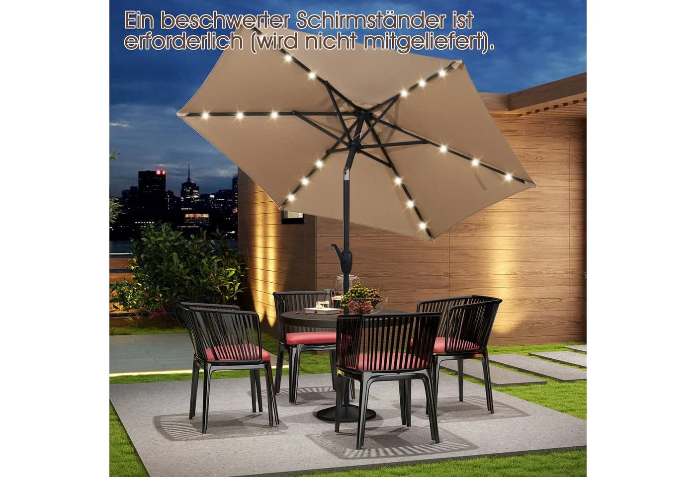 KOMFOTTEU Sonnenschirm mit LED-Beleuchtung & Handkurbel