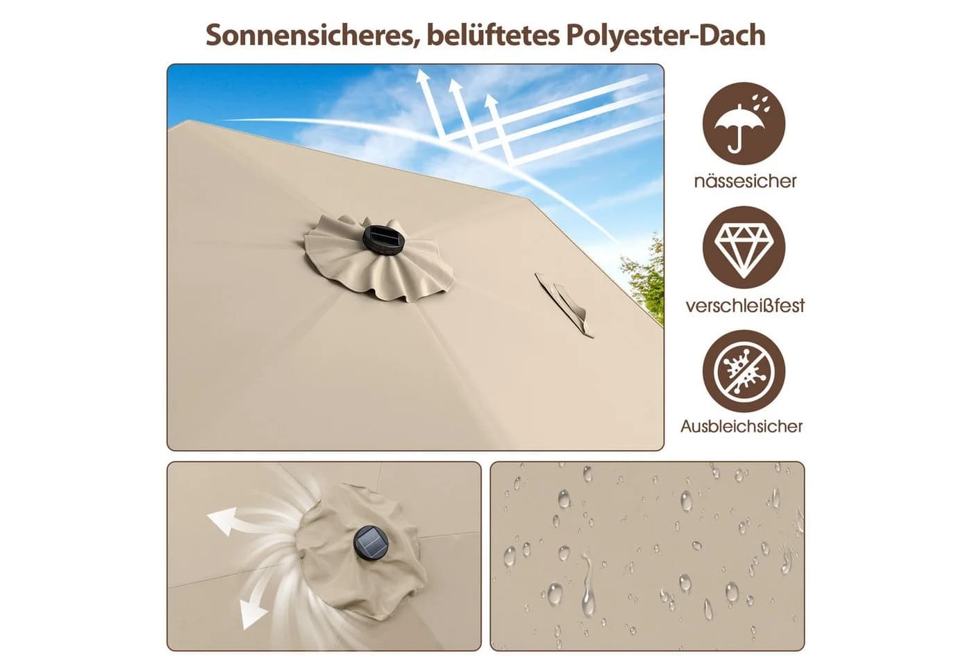 KOMFOTTEU Sonnenschirm mit LED-Beleuchtung & Handkurbel - Bild 4
