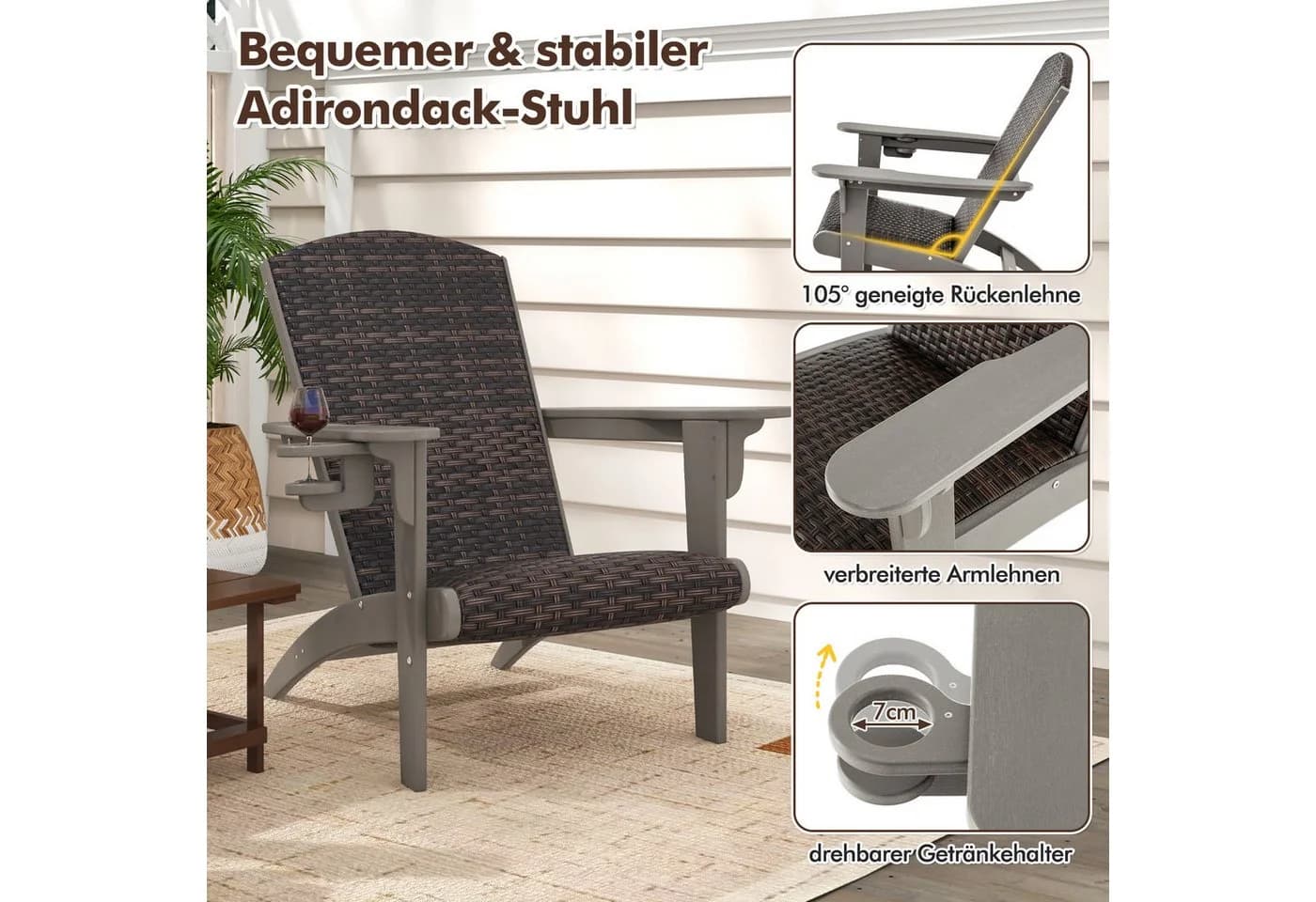 COSTWAY Adirondack Gartenstuhl Braun HDPE Rattan gepolstert