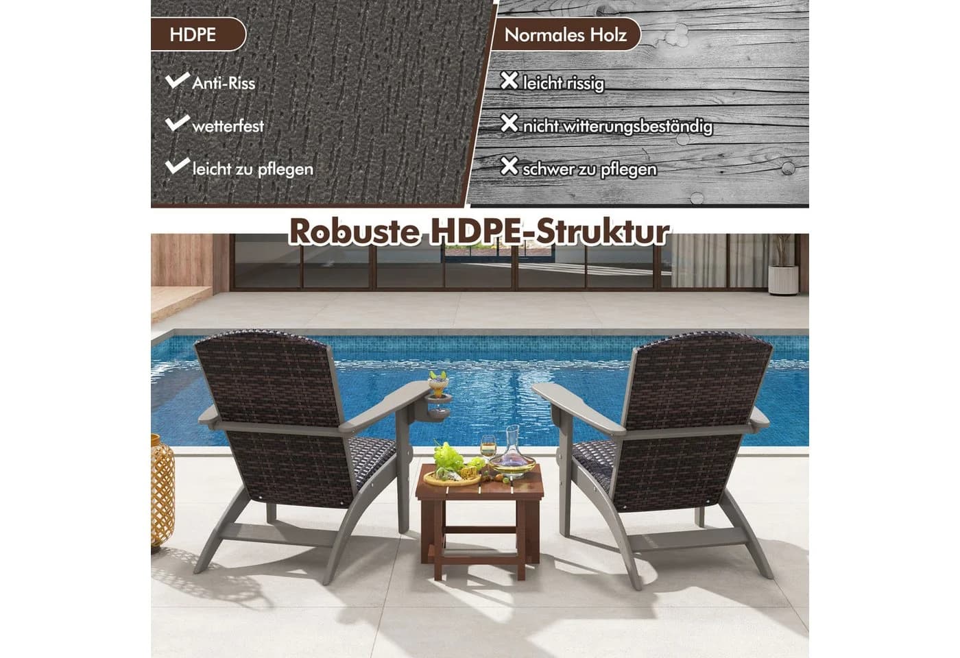 COSTWAY Adirondack Gartenstuhl Braun HDPE Rattan gepolstert - Bild 3