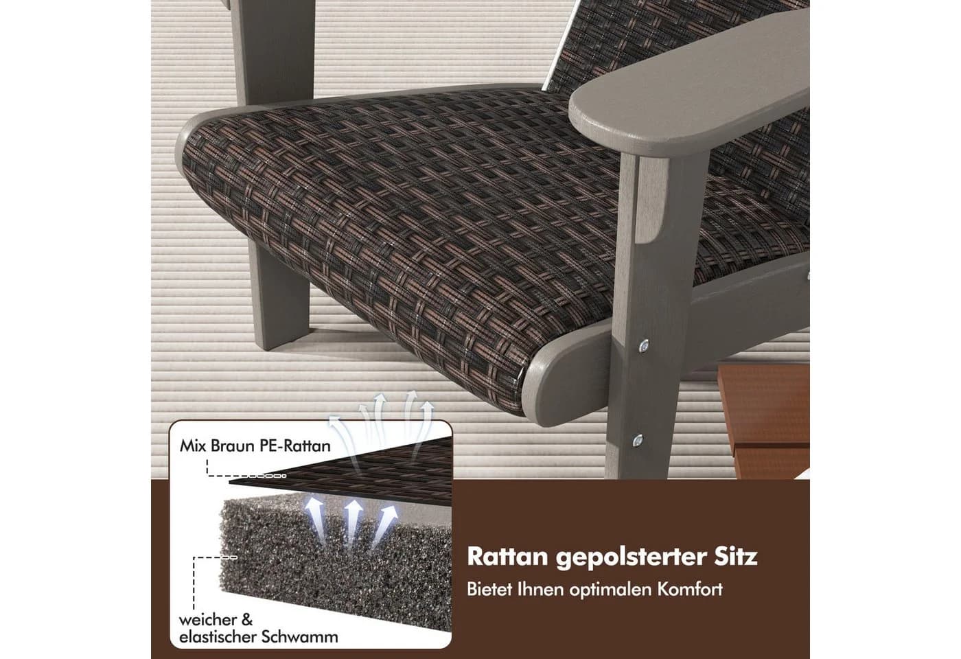 COSTWAY Adirondack Gartenstuhl Braun HDPE Rattan gepolstert - Bild 4