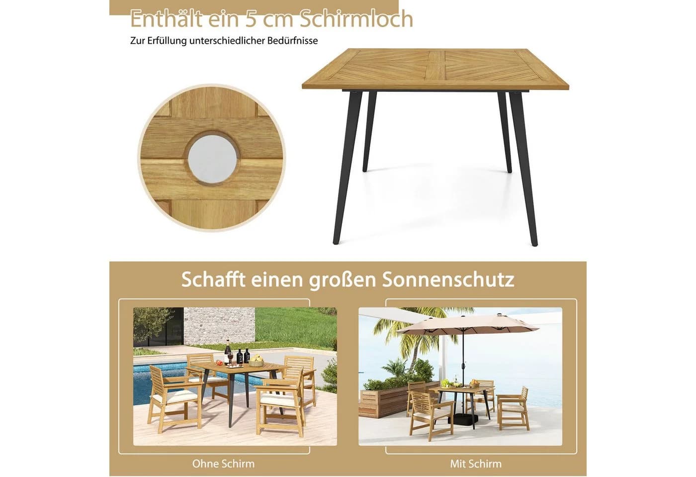 COSTWAY Gartentisch Akazienholz mit Schirmloch 107x107cm Balkontisch rechteckig