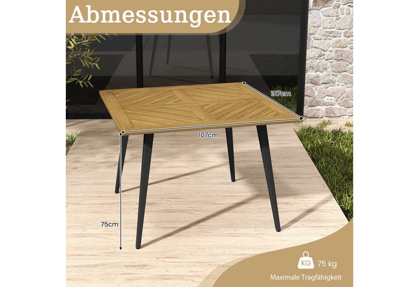 COSTWAY Gartentisch Akazienholz mit Schirmloch 107x107cm Balkontisch rechteckig - Bild 5