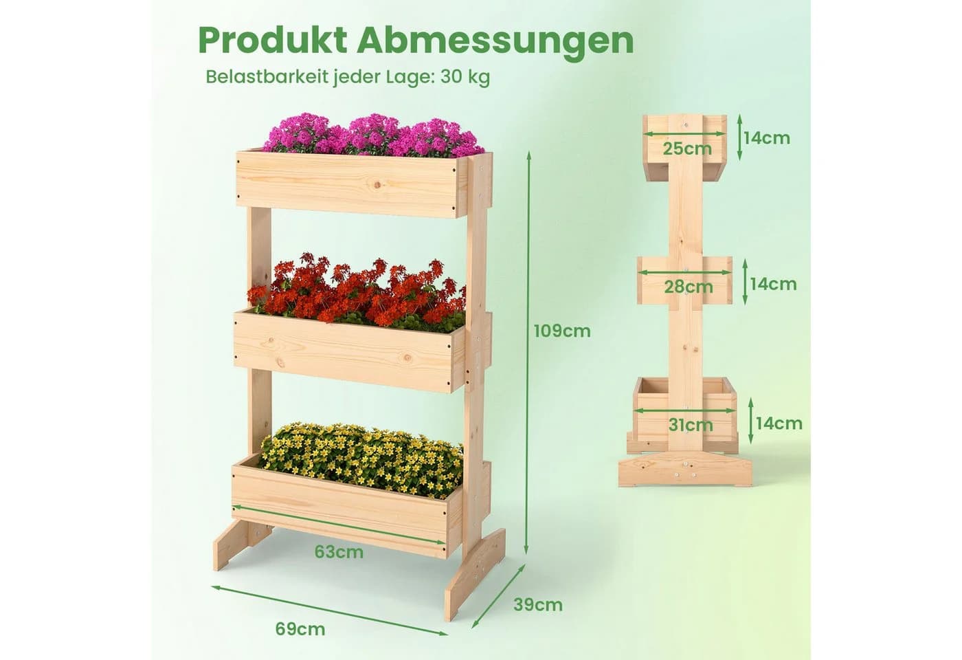COSTWAY Blumenkasten 3-stufig Hochbeet Kiefernholz Natur - Bild 3