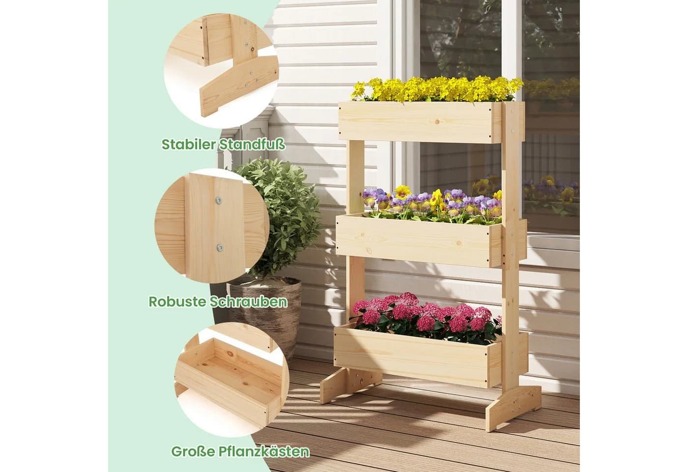 COSTWAY Blumenkasten 3-stufig Hochbeet Kiefernholz Natur - Bild 5