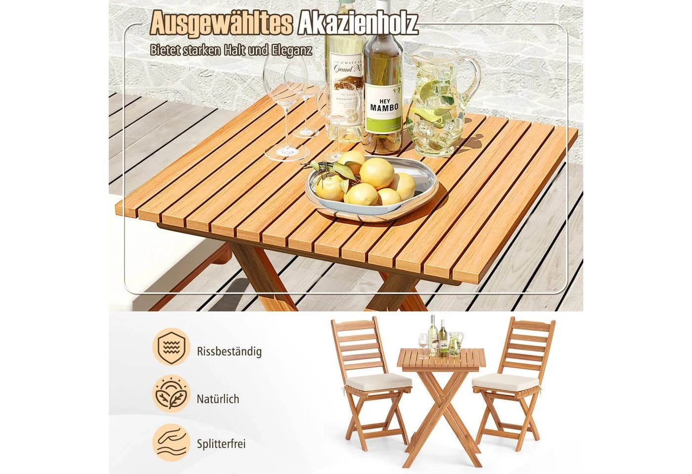COSTWAY Bistroset 3-tlg. Klappbar mit Kissen Akazienholz - Bild 3