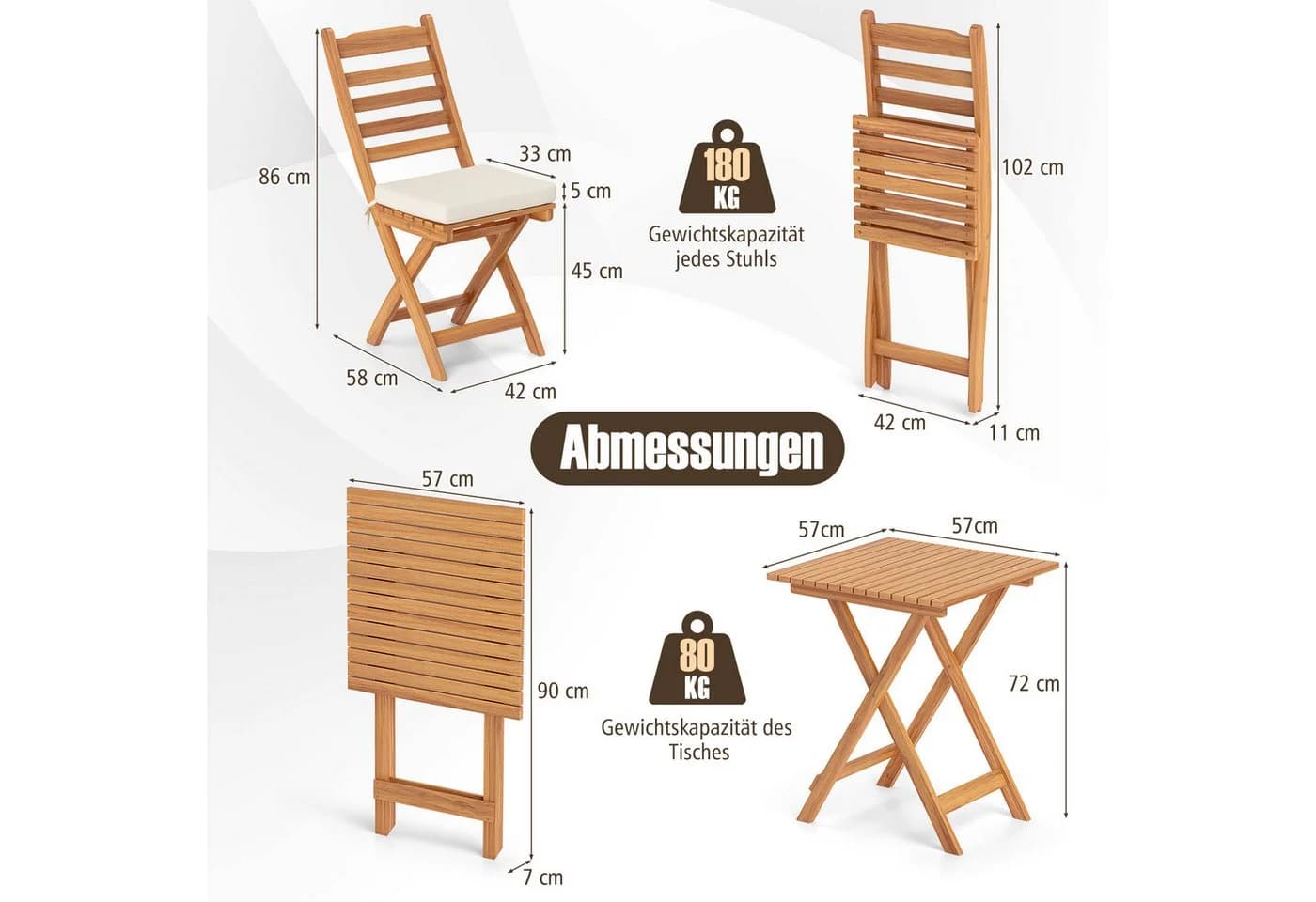 COSTWAY Bistroset 3-tlg. Klappbar mit Kissen Akazienholz - Bild 5