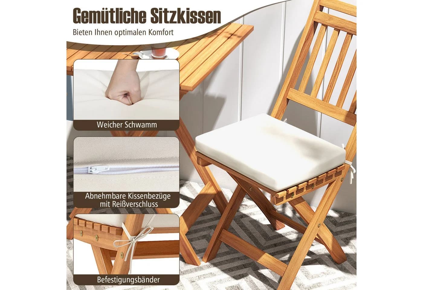 COSTWAY Bistro-Set 3-tlg. Klappbar Akazienholz mit Kissen - Bild 3